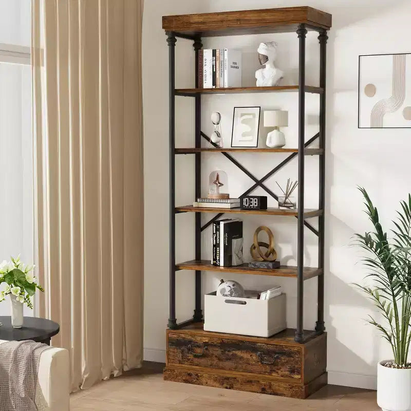 COZONY Libreria Vintage a 5 Ripiani con Cassetto - Scaffale Alto Industriale con Struttura in Metallo per Soggiorno, Ufficio