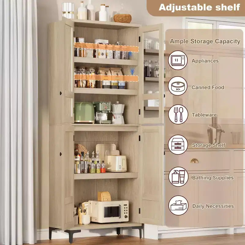 Coolmee Mobile Dispensa da Cucina Alto 180 cm, Armadio da Bagno a 5 Ripiani con 4 Ante, Scaffali Regolabili per Cucina, Sala da Pranzo, Bagno