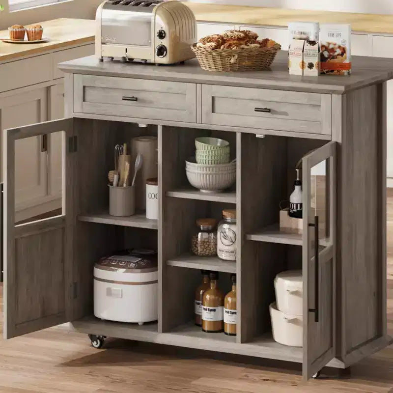 Coolmee Isola Carrello Cucina con Piano a Scomparsa, Carrello da Cucina con Contenitore, Carrello Microonde con Ruote, Carrello da Bar per Cucina con Porta Asciugamani