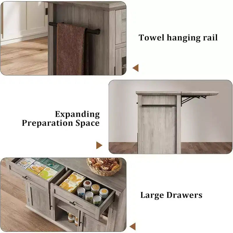 Coolmee Isola Carrello Cucina con Piano a Scomparsa, Carrello da Cucina con Contenitore, Carrello Microonde con Ruote, Carrello da Bar per Cucina con Porta Asciugamani