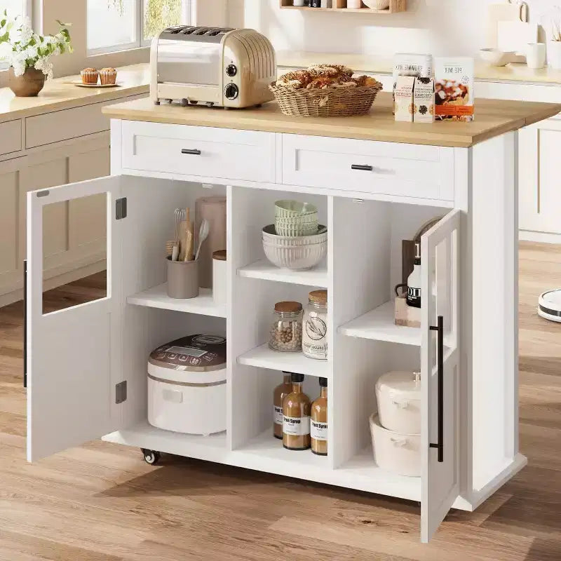 Coolmee Isola Carrello Cucina con Piano a Scomparsa, Carrello da Cucina con Contenitore, Carrello Microonde con Ruote, Carrello da Bar per Cucina con Porta Asciugamani