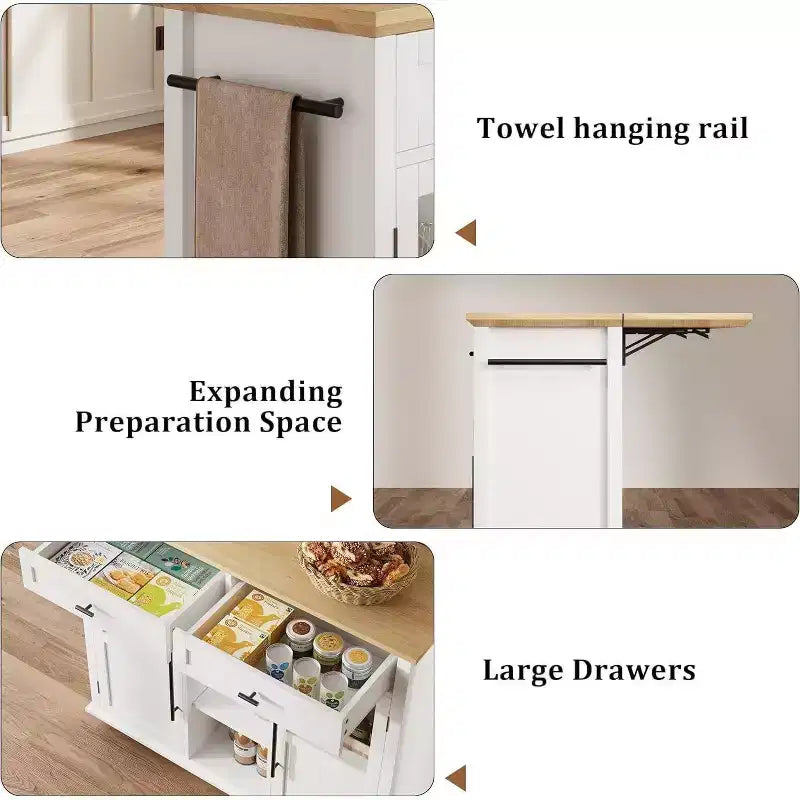 Coolmee Isola Carrello Cucina con Piano a Scomparsa, Carrello da Cucina con Contenitore, Carrello Microonde con Ruote, Carrello da Bar per Cucina con Porta Asciugamani