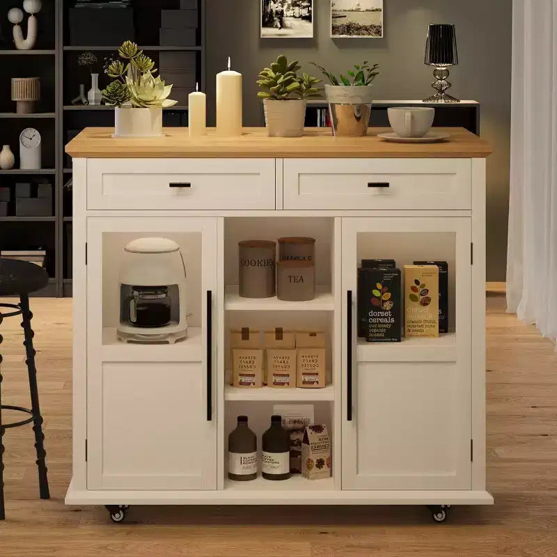Coolmee Isola Carrello Cucina con Piano a Scomparsa, Carrello da Cucina con Contenitore, Carrello Microonde con Ruote, Carrello da Bar per Cucina con Porta Asciugamani