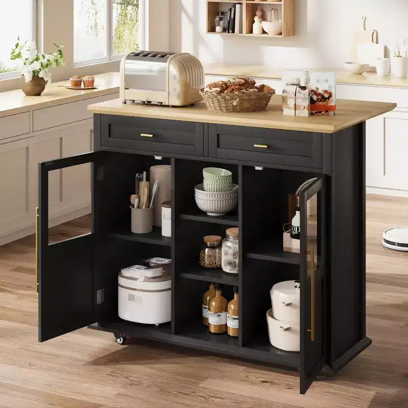 Coolmee Isola Carrello Cucina con Piano a Scomparsa, Carrello da Cucina con Contenitore, Carrello Microonde con Ruote, Carrello da Bar per Cucina con Porta Asciugamani