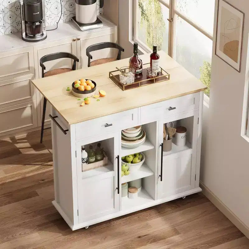 Coolmee Isola Carrello Cucina con Piano a Scomparsa, Carrello da Cucina con Contenitore, Carrello Microonde con Ruote, Carrello da Bar per Cucina con Porta Asciugamani