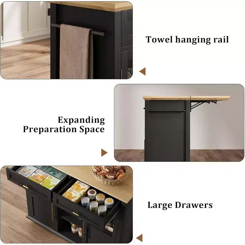 Coolmee Isola Carrello Cucina con Piano a Scomparsa, Carrello da Cucina con Contenitore, Carrello Microonde con Ruote, Carrello da Bar per Cucina con Porta Asciugamani
