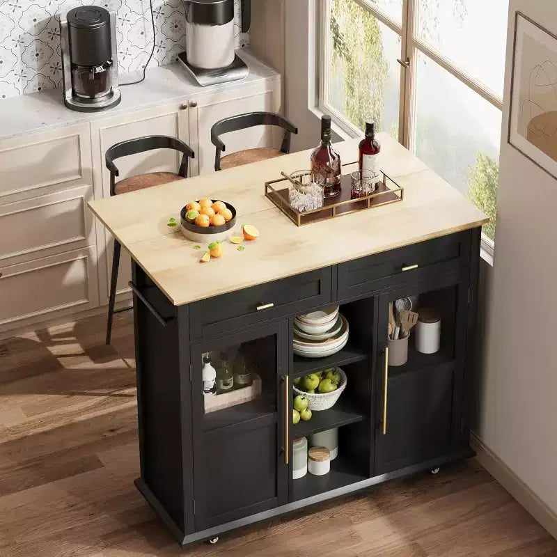 Coolmee Isola Carrello Cucina con Piano a Scomparsa, Carrello da Cucina con Contenitore, Carrello Microonde con Ruote, Carrello da Bar per Cucina con Porta Asciugamani