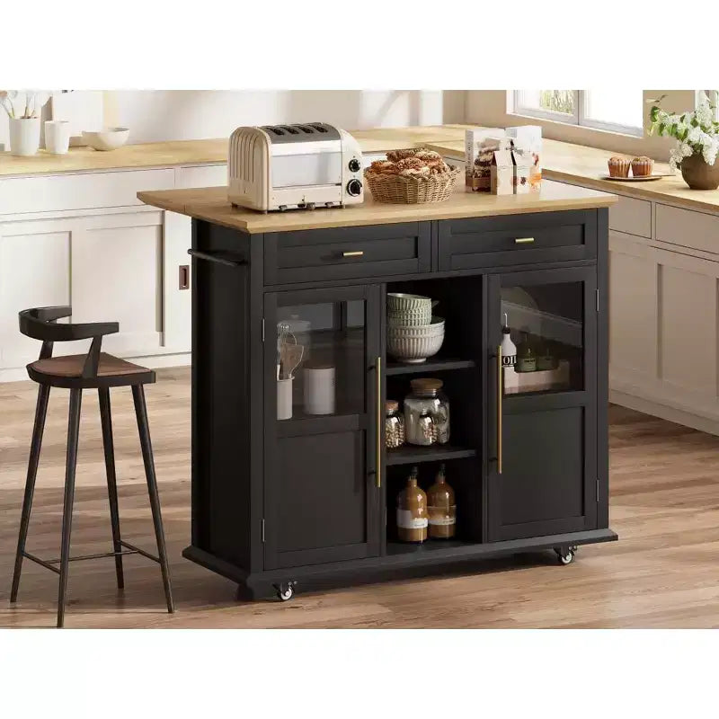 Coolmee Isola Carrello Cucina con Piano a Scomparsa, Carrello da Cucina con Contenitore, Carrello Microonde con Ruote, Carrello da Bar per Cucina con Porta Asciugamani