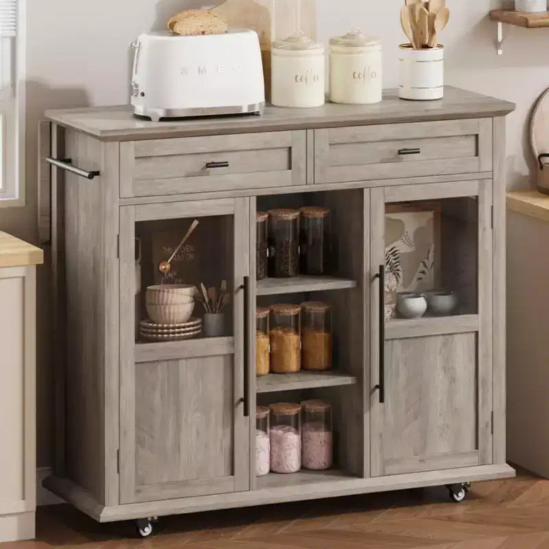 Coolmee Isola Carrello Cucina con Piano a Scomparsa, Carrello da Cucina con Contenitore, Carrello Microonde con Ruote, Carrello da Bar per Cucina con Porta Asciugamani