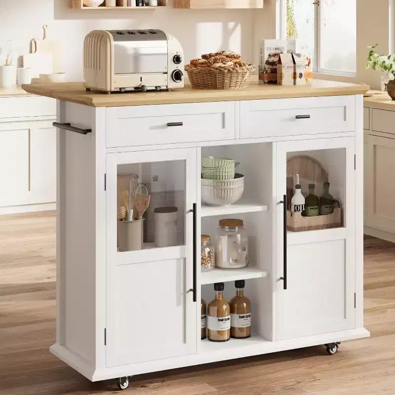 Coolmee Isola Carrello Cucina con Piano a Scomparsa, Carrello da Cucina con Contenitore, Carrello Microonde con Ruote, Carrello da Bar per Cucina con Porta Asciugamani