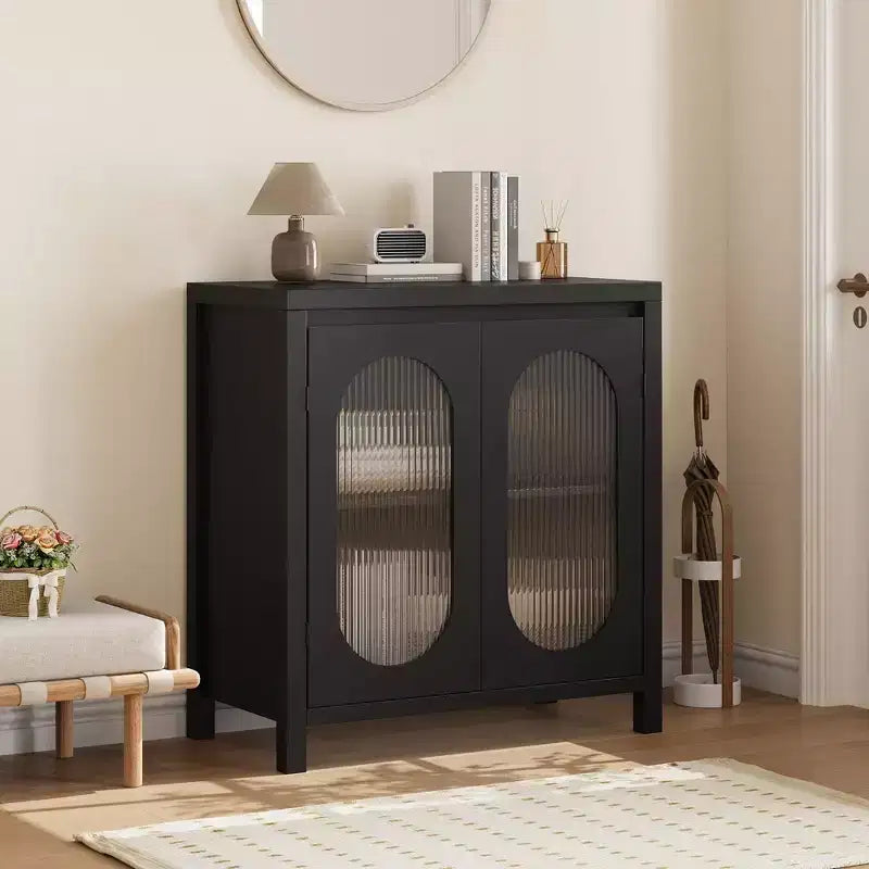 Coolmee Credenza da Soggiorno e Sala da Pranzo - Mobile Contenitore Accentato Nero con Ripiani Regolabili e Ante in Vetro, Mobile Console Piccolo