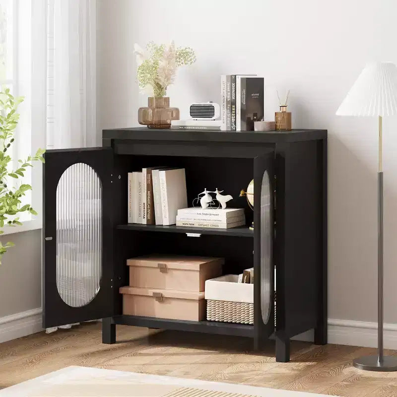 Coolmee Credenza da Soggiorno e Sala da Pranzo - Mobile Contenitore Accentato Nero con Ripiani Regolabili e Ante in Vetro, Mobile Console Piccolo