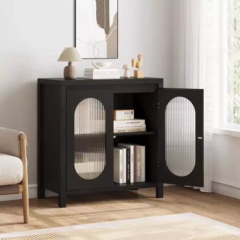 Coolmee Credenza da Soggiorno e Sala da Pranzo - Mobile Contenitore Accentato Nero con Ripiani Regolabili e Ante in Vetro, Mobile Console Piccolo