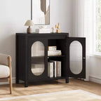 Coolmee Credenza da Soggiorno e Sala da Pranzo - Mobile Contenitore Accentato Nero con Ripiani Regolabili e Ante in Vetro, Mobile Console Piccolo