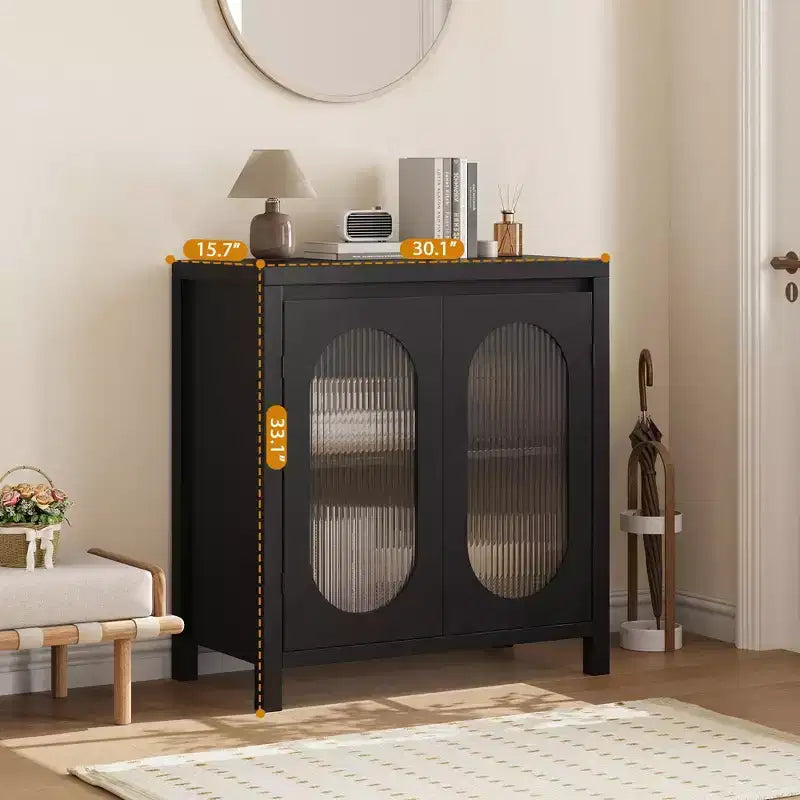 Coolmee Credenza da Soggiorno e Sala da Pranzo - Mobile Contenitore Accentato Nero con Ripiani Regolabili e Ante in Vetro, Mobile Console Piccolo