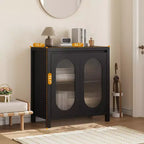 Coolmee Credenza da Soggiorno e Sala da Pranzo - Mobile Contenitore Accentato Nero con Ripiani Regolabili e Ante in Vetro, Mobile Console Piccolo
