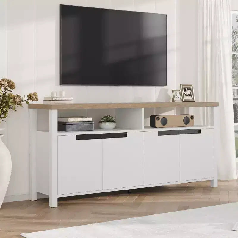 Mobile TV Rustico per TV fino a 70 Pollici, Porta TV da 160 cm con 4 Ante e Ripiano Aperto, Consolle Multimediale Rustica