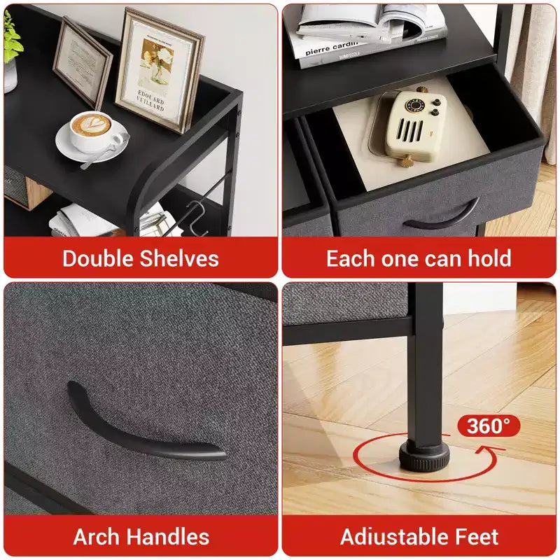 Comò a 5 cassetti per camera da letto, organizer con contenitori in tessuto, piano in legno, robusto telaio in acciaio, maniglia facile da tirare
