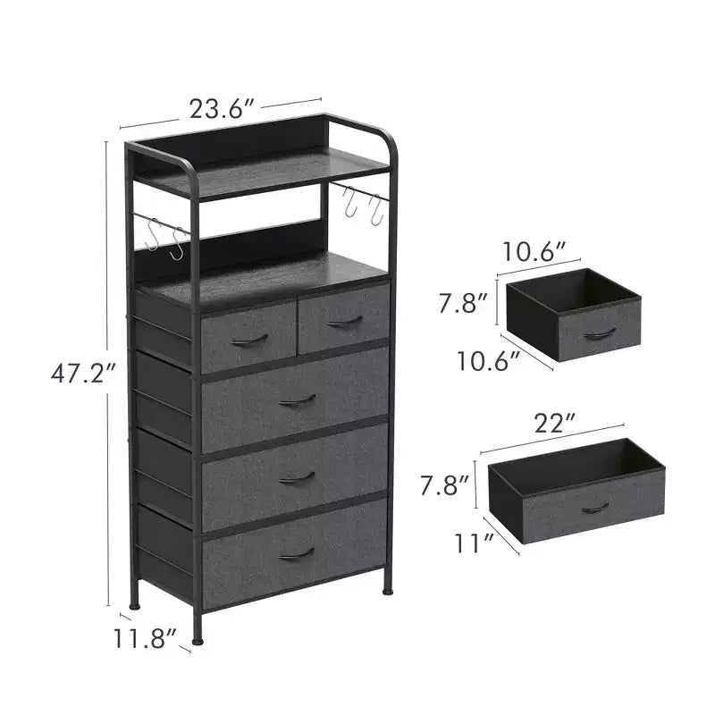 Comò a 5 cassetti per camera da letto, organizer con contenitori in tessuto, piano in legno, robusto telaio in acciaio, maniglia facile da tirare
