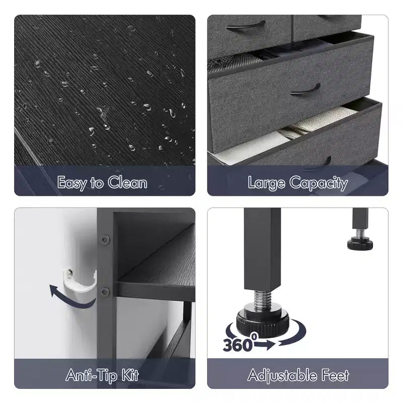 Comò a 5 cassetti per camera da letto, organizer con contenitori in tessuto, piano in legno, robusto telaio in acciaio, maniglia facile da tirare