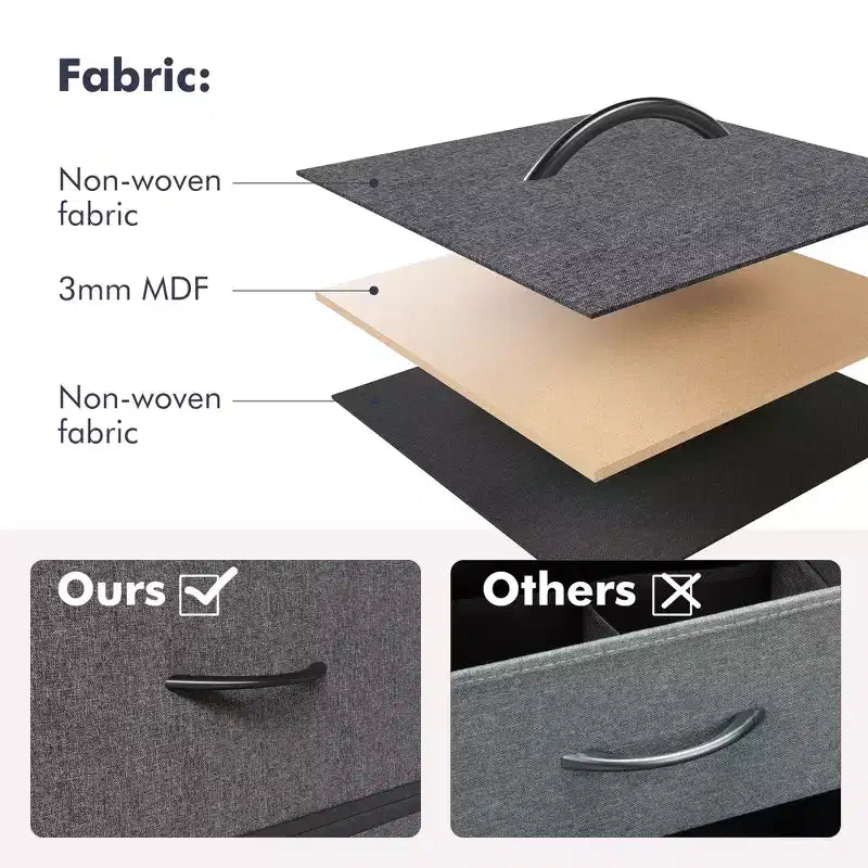 Comò a 5 cassetti per camera da letto, organizer con contenitori in tessuto, piano in legno, robusto telaio in acciaio, maniglia facile da tirare