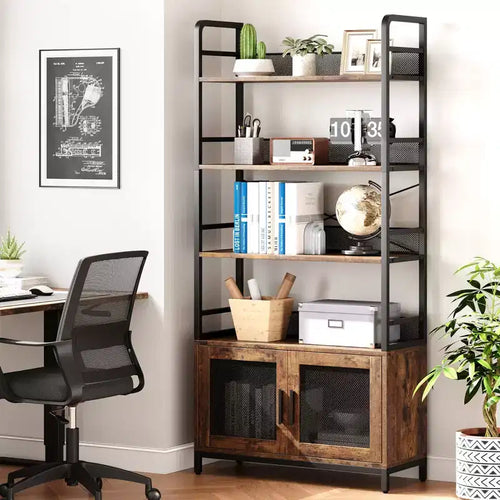 70.87 Industrial Bookshelf with Doors, 4-Tier Rustic Open Storage Shelf, Farmhouse Display Rack for Bedroom, Living Room, Home Office, Brown