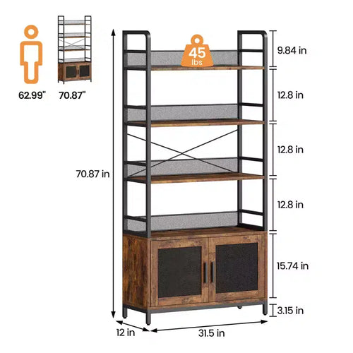 Scaffale industriale 70.87 con ante, scaffale aperto rustico a 4 ripiani, espositore rustico per camera da letto, soggiorno, ufficio domestico, marrone