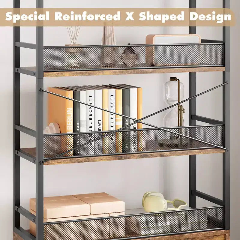 Scaffale industriale 70.87 con ante, scaffale aperto rustico a 4 ripiani, espositore rustico per camera da letto, soggiorno, ufficio domestico, marrone