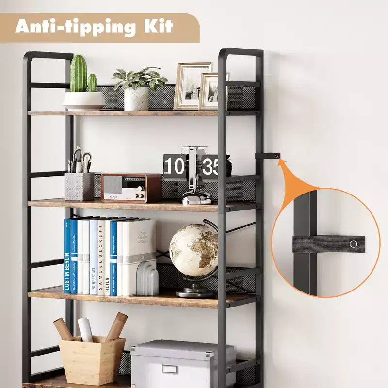 Scaffale industriale 70.87 con ante, scaffale aperto rustico a 4 ripiani, espositore rustico per camera da letto, soggiorno, ufficio domestico, marrone