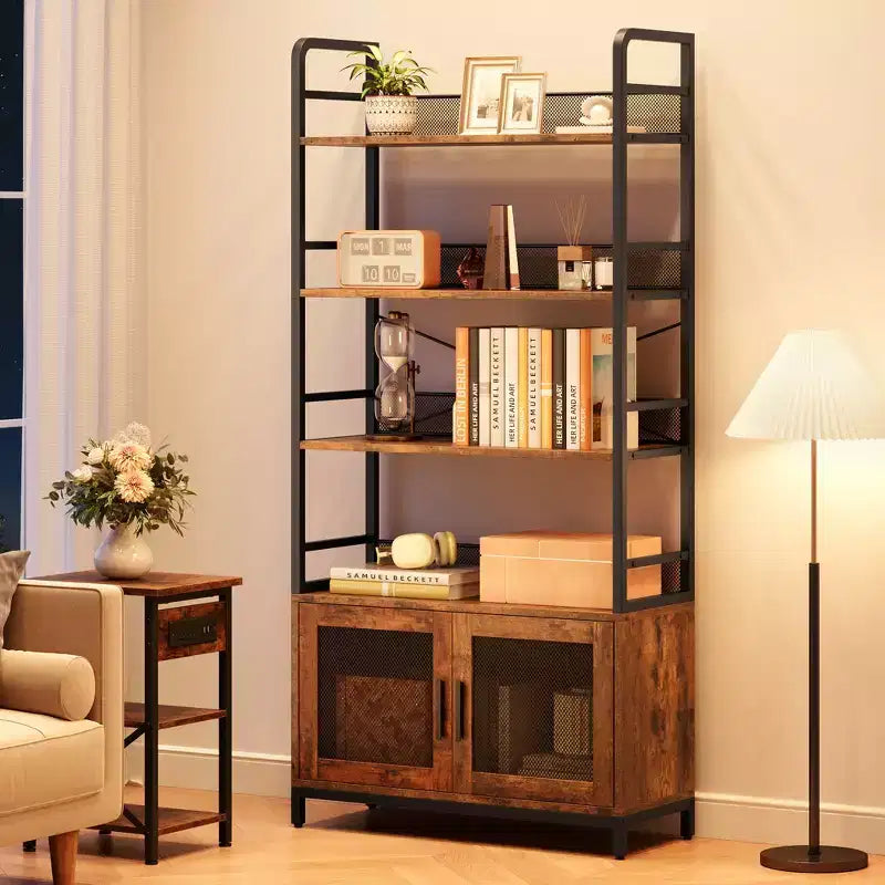 Scaffale industriale 70.87 con ante, scaffale aperto rustico a 4 ripiani, espositore rustico per camera da letto, soggiorno, ufficio domestico, marrone