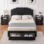 Queen Size Bed Frame with 2 Storage Drawers and Headboard, Upholstered PU Leather Platform Bed with Button Tufted