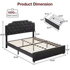 Struttura letto matrimoniale Queen Size con 2 cassetti portaoggetti e testiera, letto a piattaforma rivestito in pelle PU trapuntata a bottoni