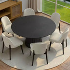 PexFix 52 Set Tavolo da Pranzo Rotondo Moderno con 6 Sedie Imbottite Piano in Legno Testurizzato Nero Base a Colonna Plissettata Sedili Beige per Cucina Sala da Pranzo