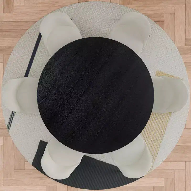 PexFix 52 Set Tavolo da Pranzo Rotondo Moderno con 6 Sedie Imbottite Piano in Legno Testurizzato Nero Base a Colonna Plissettata Sedili Beige per Cucina Sala da Pranzo