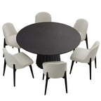 PexFix 52 Set Tavolo da Pranzo Rotondo Moderno con 6 Sedie Imbottite Piano in Legno Testurizzato Nero Base a Colonna Plissettata Sedili Beige per Cucina Sala da Pranzo