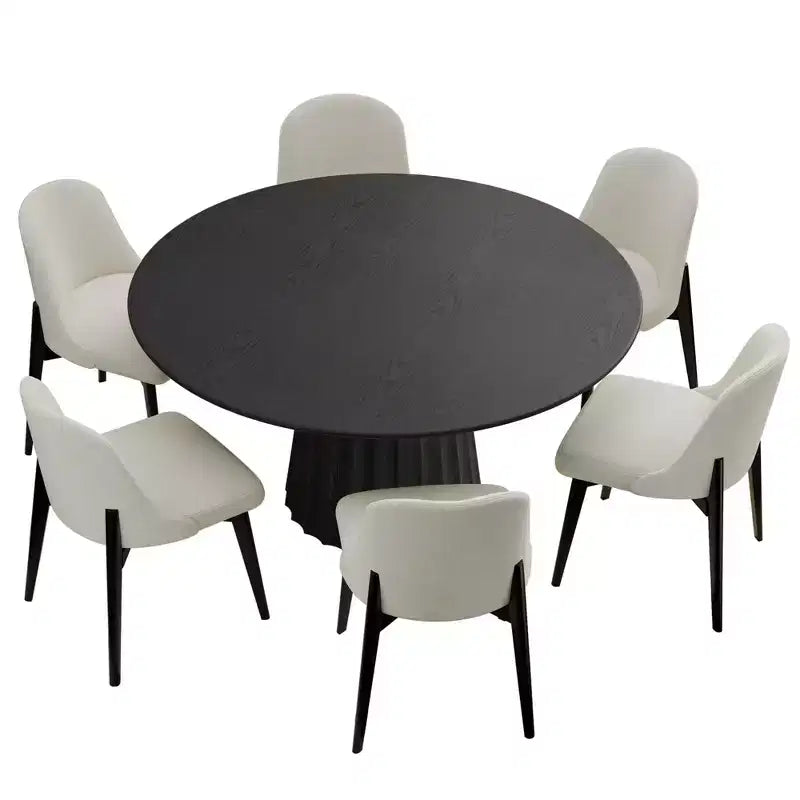 PexFix 52 Set Tavolo da Pranzo Rotondo Moderno con 6 Sedie Imbottite Piano in Legno Testurizzato Nero Base a Colonna Plissettata Sedili Beige per Cucina Sala da Pranzo
