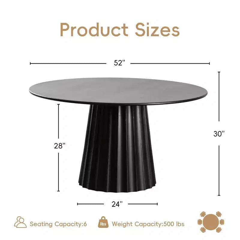 PexFix 52 Set Tavolo da Pranzo Rotondo Moderno con 6 Sedie Imbottite Piano in Legno Testurizzato Nero Base a Colonna Plissettata Sedili Beige per Cucina Sala da Pranzo