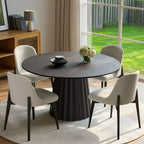 PexFix 46 Modern Round Dining Table Set with 4 Upholstered Chairs Black Textured Wood Top Pleated Pedestal Base Beige Seats for Kitchen Dining Room