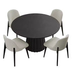 Set tavolo da pranzo rotondo moderno PexFix 46 con 4 sedie imbottite, piano in legno nero testurizzato, base a piedistallo plissettata, sedili beige per cucina sala da pranzo