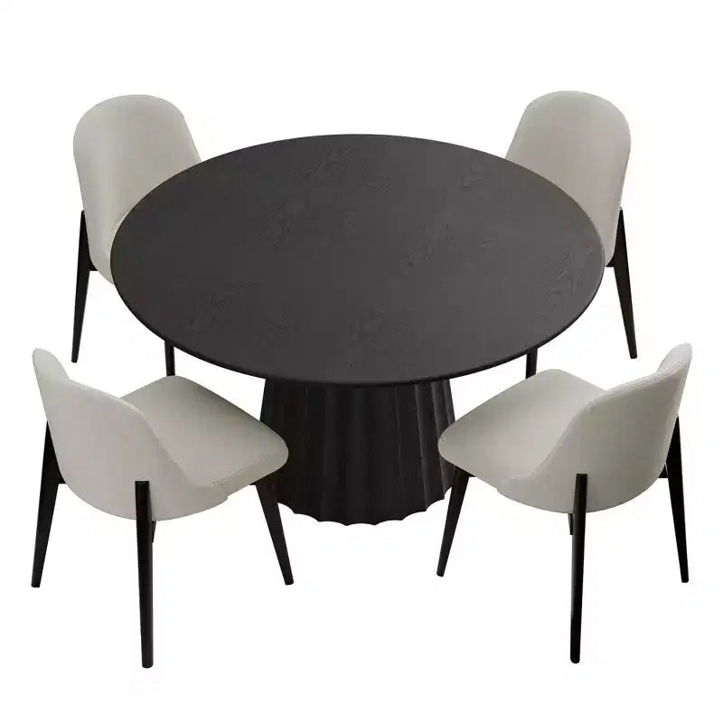 Set tavolo da pranzo rotondo moderno PexFix 46 con 4 sedie imbottite, piano in legno nero testurizzato, base a piedistallo plissettata, sedili beige per cucina sala da pranzo