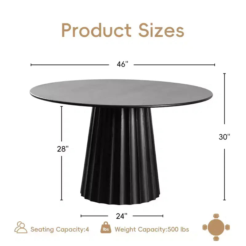 Set tavolo da pranzo rotondo moderno PexFix 46 con 4 sedie imbottite, piano in legno nero testurizzato, base a piedistallo plissettata, sedili beige per cucina sala da pranzo