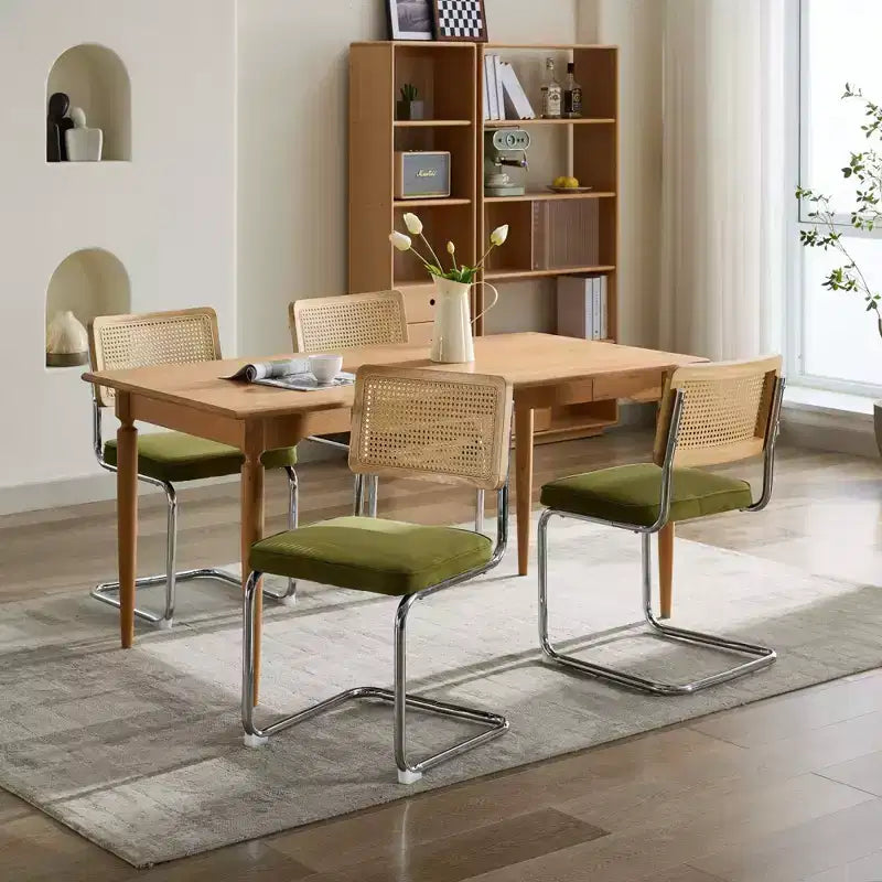 Set di 2 sedie da pranzo verde oliva di metà secolo con schienale in canna naturale e base cromata in acciaio inossidabile