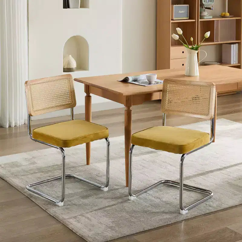 Set di 2 sedie da pranzo verde oliva di metà secolo con schienale in canna naturale e base cromata in acciaio inossidabile