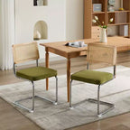Set di 2 sedie da pranzo verde oliva di metà secolo con schienale in canna naturale e base cromata in acciaio inossidabile