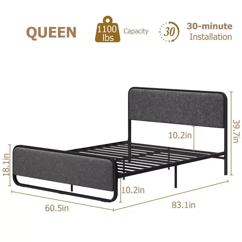 Struttura letto Queen Size con piattaforma, Struttura letto Queen Size imbottita con testiera, pediera, contenitore sotto il letto, Struttura letto moderna silenziosa con metallo robusto