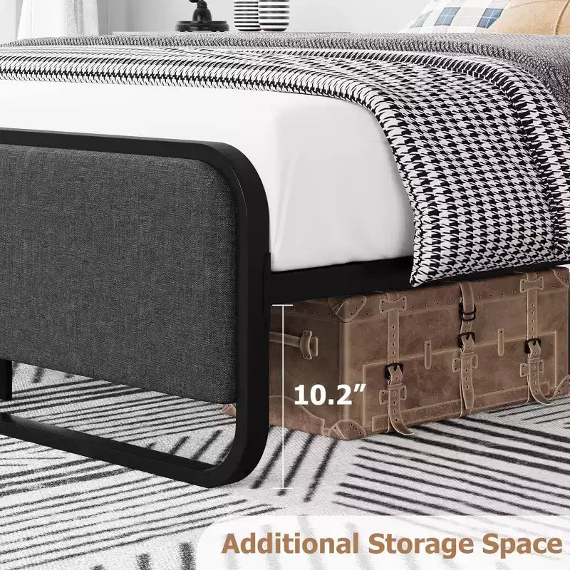 Struttura letto Queen Size con piattaforma, Struttura letto Queen Size imbottita con testiera, pediera, contenitore sotto il letto, Struttura letto moderna silenziosa con metallo robusto