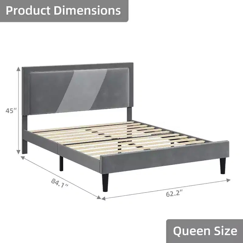 Telaio letto imbottito Queen con testiera ad ali, Velluto lussuoso, Doghe in legno, Montaggio facile, Rete a molle opzionale, Grigio