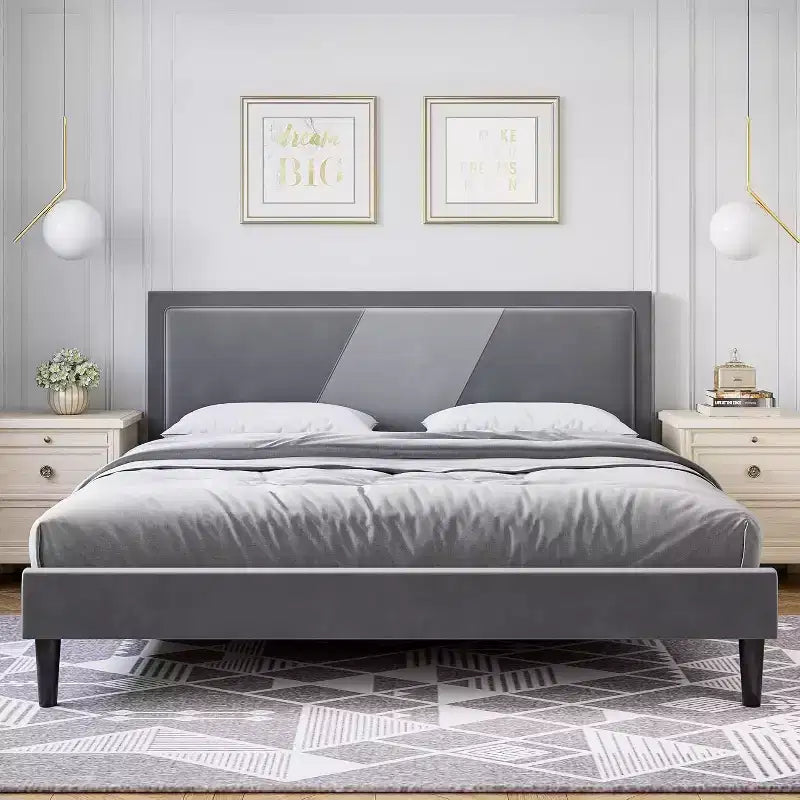 Telaio letto imbottito Queen con testiera ad ali, Velluto lussuoso, Doghe in legno, Montaggio facile, Rete a molle opzionale, Grigio