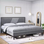 Telaio letto imbottito Queen con testiera ad ali, Velluto lussuoso, Doghe in legno, Montaggio facile, Rete a molle opzionale, Grigio