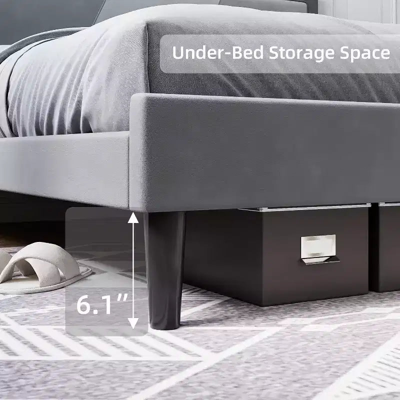 Telaio letto imbottito Queen con testiera ad ali, Velluto lussuoso, Doghe in legno, Montaggio facile, Rete a molle opzionale, Grigio